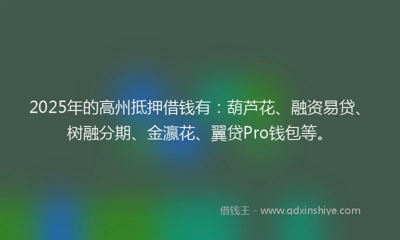 2025年的高州抵押借钱有：葫芦花、融资易贷、树融分期、金瀛花、翼贷Pro钱包等。