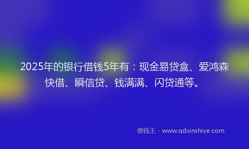2025年的银行借钱5年有：现金易贷盒、爱鸿森快借、瞬信贷、钱满满、闪贷通等。