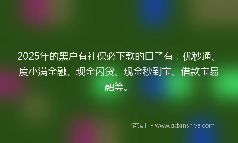2025年的黑户有社保必下款的口子有：优秒通、度小满金融、现金闪贷、现金秒到宝、借款宝易融等。