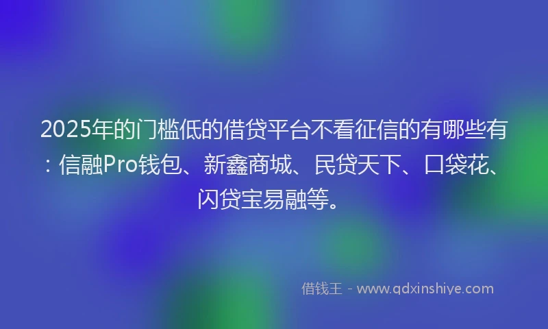 2025年的门槛低的借贷平台不看征信的有哪些有：信融Pro钱包、新鑫商城、民贷天下、口袋花、闪贷宝易融等。