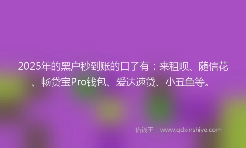 2025年的黑户秒到账的口子有：来租呗、随信花、畅贷宝Pro钱包、爱达速贷、小丑鱼等。
