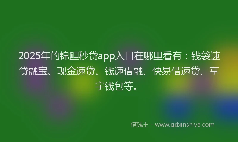 2025年的锦鲤秒贷app入口在哪里看有：钱袋速贷融宝、现金速贷、钱速借融、快易借速贷、享宇钱包等。
