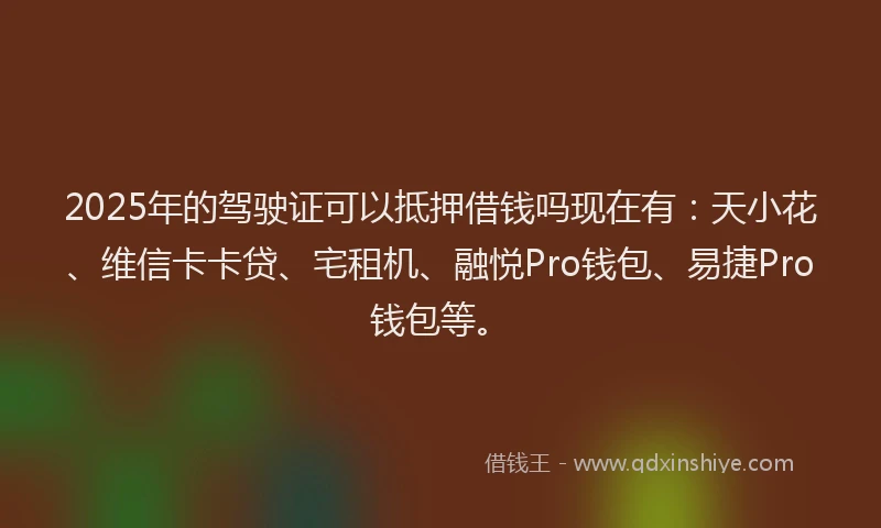 2025年的驾驶证可以抵押借钱吗现在有：天小花、维信卡卡贷、宅租机、融悦Pro钱包、易捷Pro钱包等。