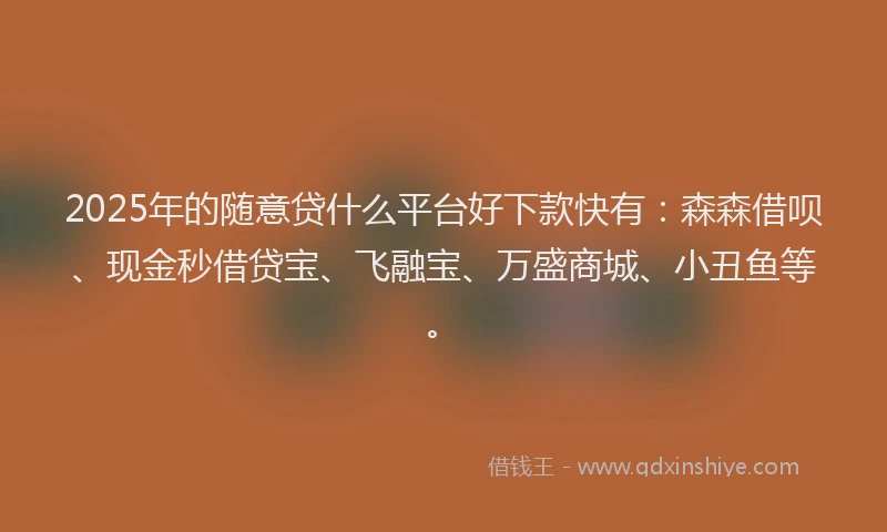 2025年的随意贷什么平台好下款快有：森森借呗、现金秒借贷宝、飞融宝、万盛商城、小丑鱼等。