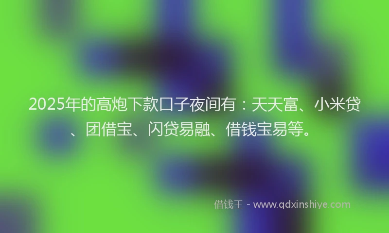 2025年的高炮下款口子夜间有：天天富、小米贷、团借宝、闪贷易融、借钱宝易等。