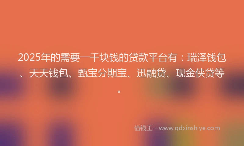 2025年的需要一千块钱的贷款平台有：瑞泽钱包、天天钱包、甄宝分期宝、迅融贷、现金侠贷等。