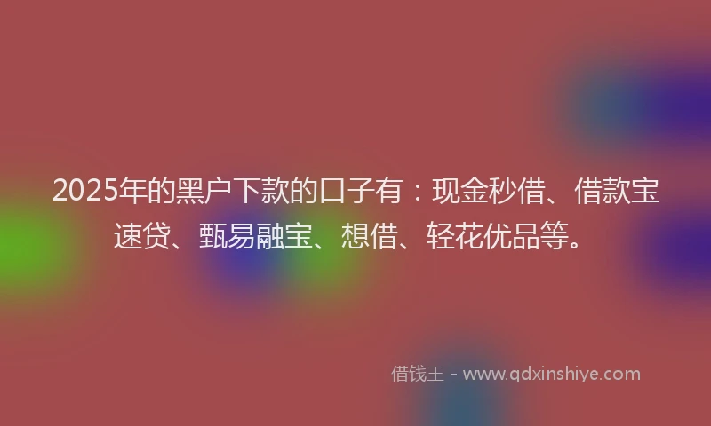 2025年的黑户下款的口子有：现金秒借、借款宝速贷、甄易融宝、想借、轻花优品等。