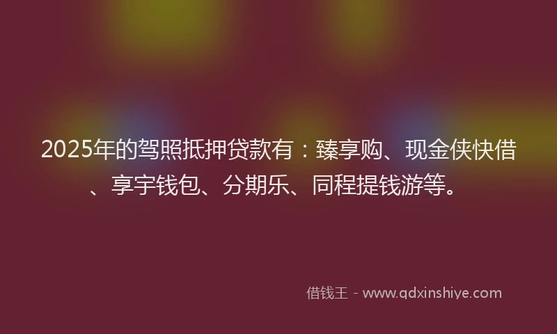 2025年的驾照抵押贷款有：臻享购、现金侠快借、享宇钱包、分期乐、同程提钱游等。