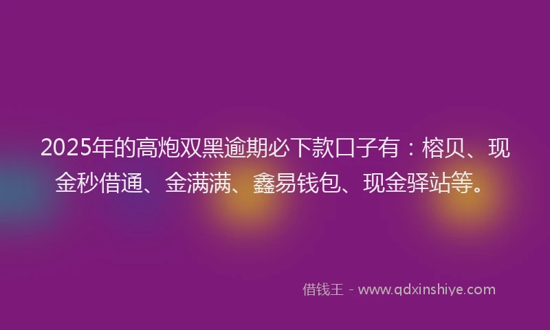 2025年的高炮双黑逾期必下款口子有：榕贝、现金秒借通、金满满、鑫易钱包、现金驿站等。