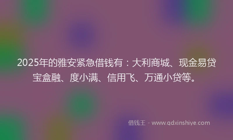 2025年的雅安紧急借钱有：大利商城、现金易贷宝盒融、度小满、信用飞、万通小贷等。