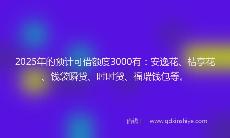 2025年的预计可借额度3000有：安逸花、桔享花、钱袋瞬贷、时时贷、福瑞钱包等。