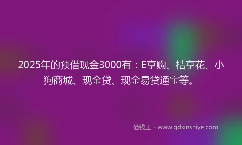 2025年的预借现金3000有：E享购、桔享花、小狗商城、现金贷、现金易贷通宝等。