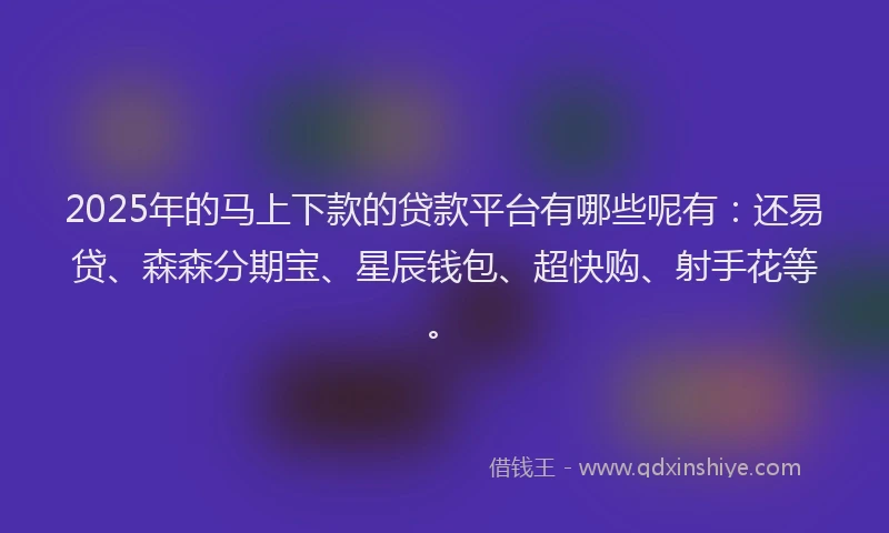 2025年的马上下款的贷款平台有哪些呢有：还易贷、森森分期宝、星辰钱包、超快购、射手花等。