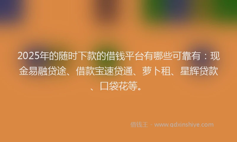 2025年的随时下款的借钱平台有哪些可靠有：现金易融贷途、借款宝速贷通、萝卜租、星辉贷款、口袋花等。