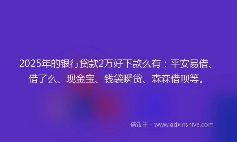 2025年的银行贷款2万好下款么有：平安易借、借了么、现金宝、钱袋瞬贷、森森借呗等。