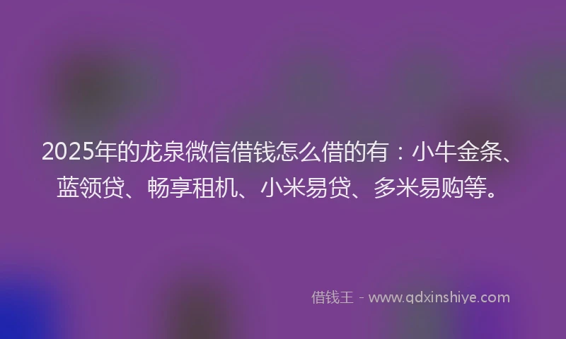 2025年的龙泉微信借钱怎么借的有：小牛金条、蓝领贷、畅享租机、小米易贷、多米易购等。