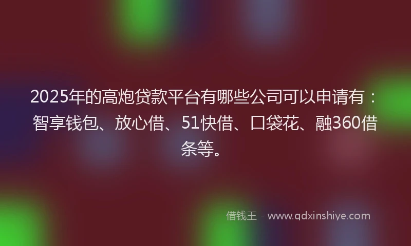 2025年的高炮贷款平台有哪些公司可以申请有：智享钱包、放心借、51快借、口袋花、融360借条等。