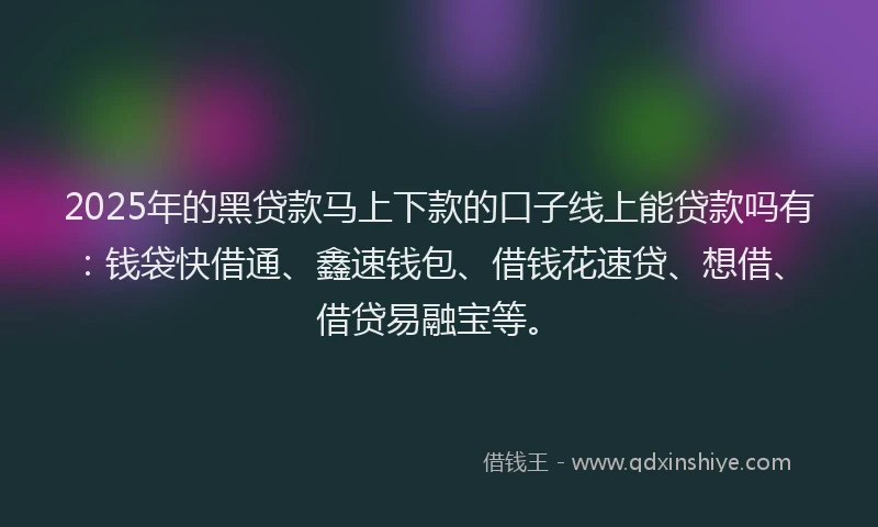 2025年的黑贷款马上下款的口子线上能贷款吗有：钱袋快借通、鑫速钱包、借钱花速贷、想借、借贷易融宝等。