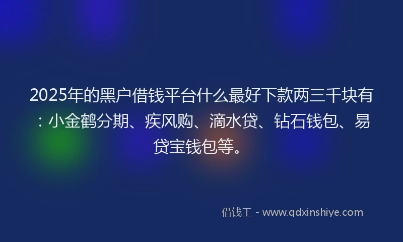 2025年的黑户借钱平台什么最好下款两三千块有：小金鹤分期、疾风购、滴水贷、钻石钱包、易贷宝钱包等。