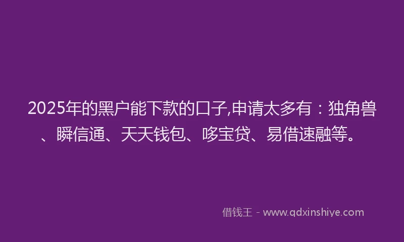 2025年的黑户能下款的口子,申请太多有：独角兽、瞬信通、天天钱包、哆宝贷、易借速融等。