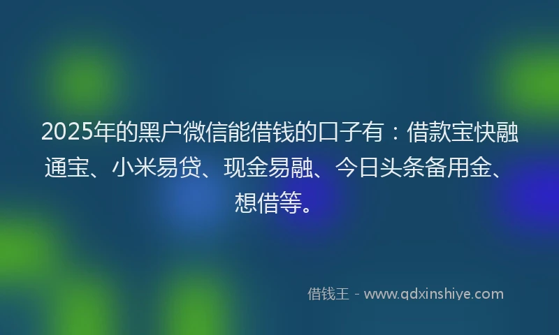 2025年的黑户微信能借钱的口子有：借款宝快融通宝、小米易贷、现金易融、今日头条备用金、想借等。