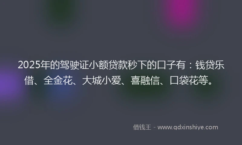 2025年的驾驶证小额贷款秒下的口子有：钱贷乐借、全金花、大城小爱、喜融信、口袋花等。
