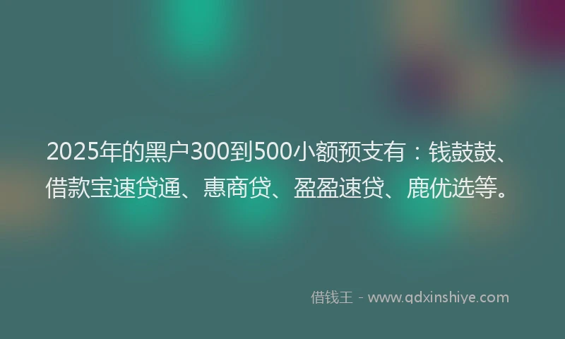 2025年的黑户300到500小额预支有：钱鼓鼓、借款宝速贷通、惠商贷、盈盈速贷、鹿优选等。