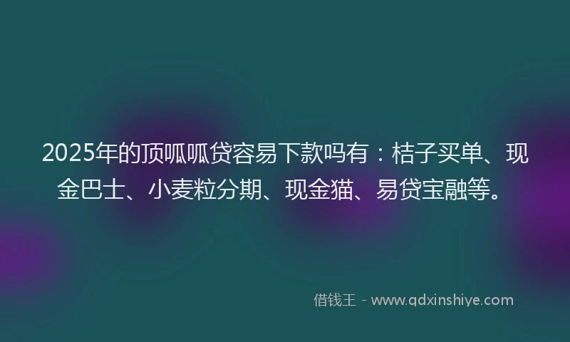 2025年的顶呱呱贷容易下款吗有：桔子买单、现金巴士、小麦粒分期、现金猫、易贷宝融等。