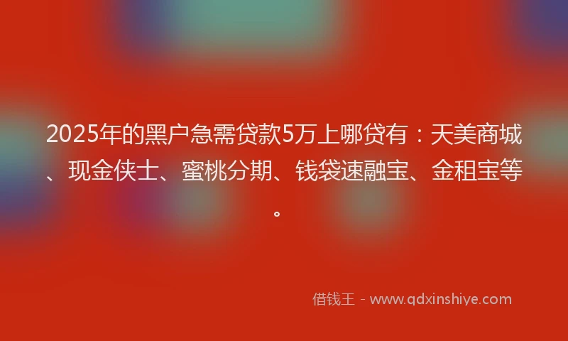 2025年的黑户急需贷款5万上哪贷有：天美商城、现金侠士、蜜桃分期、钱袋速融宝、金租宝等。