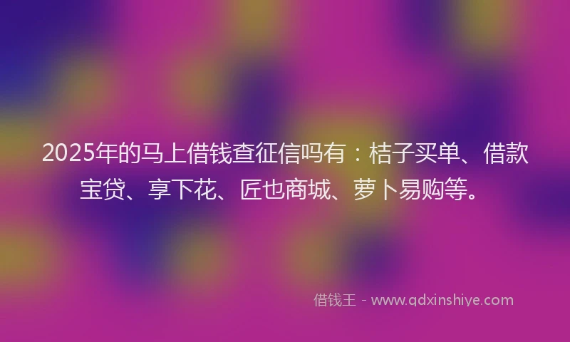 2025年的马上借钱查征信吗有：桔子买单、借款宝贷、享下花、匠也商城、萝卜易购等。
