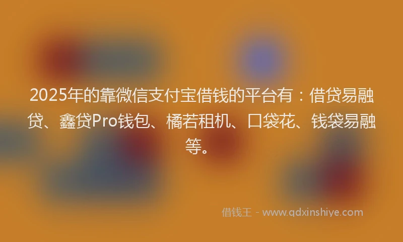 2025年的靠微信支付宝借钱的平台有：借贷易融贷、鑫贷Pro钱包、橘若租机、口袋花、钱袋易融等。