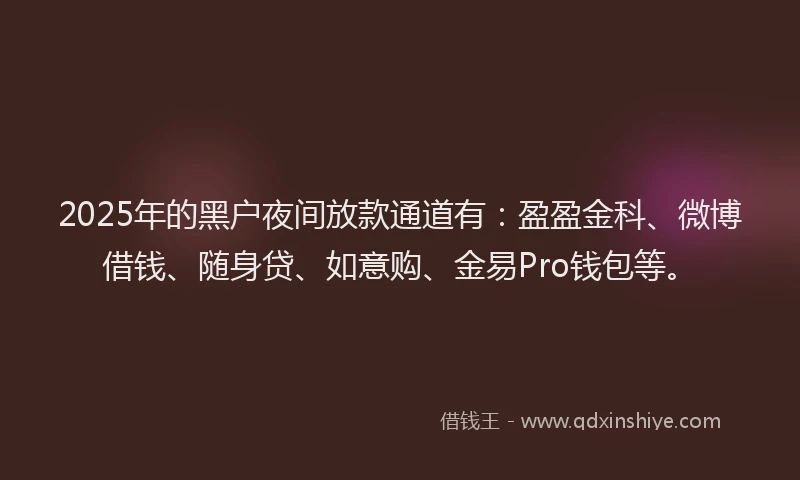 2025年的黑户夜间放款通道有：盈盈金科、微博借钱、随身贷、如意购、金易Pro钱包等。