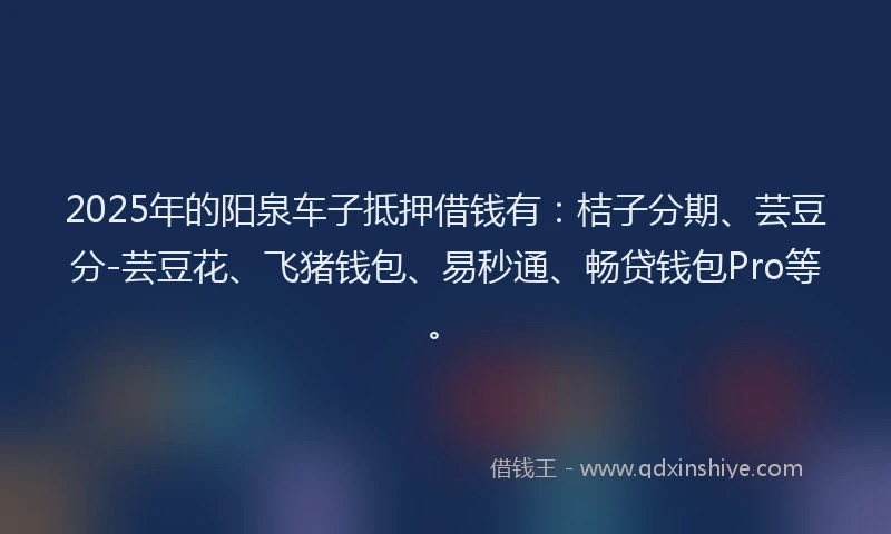 2025年的阳泉车子抵押借钱有：桔子分期、芸豆分-芸豆花、飞猪钱包、易秒通、畅贷钱包Pro等。