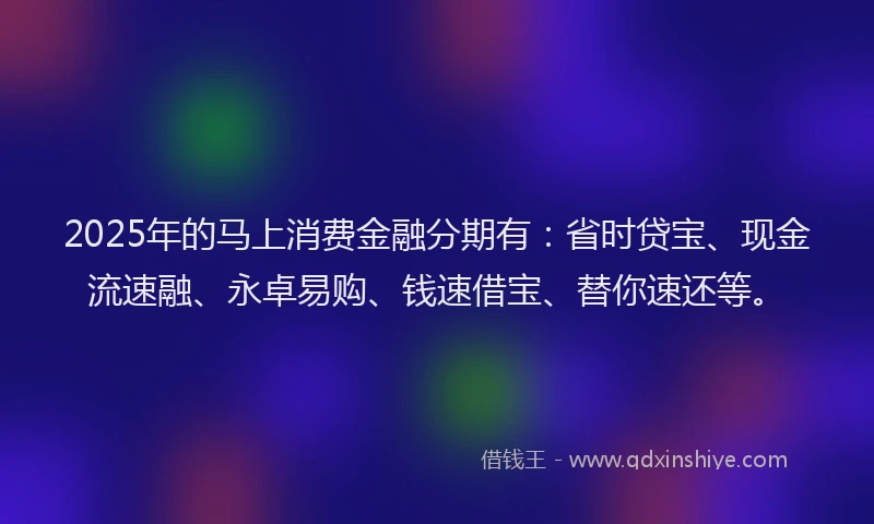 2025年的马上消费金融分期有：省时贷宝、现金流速融、永卓易购、钱速借宝、替你速还等。