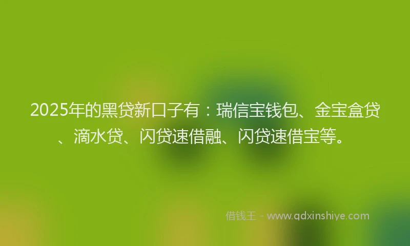 2025年的黑贷新口子有：瑞信宝钱包、金宝盒贷、滴水贷、闪贷速借融、闪贷速借宝等。