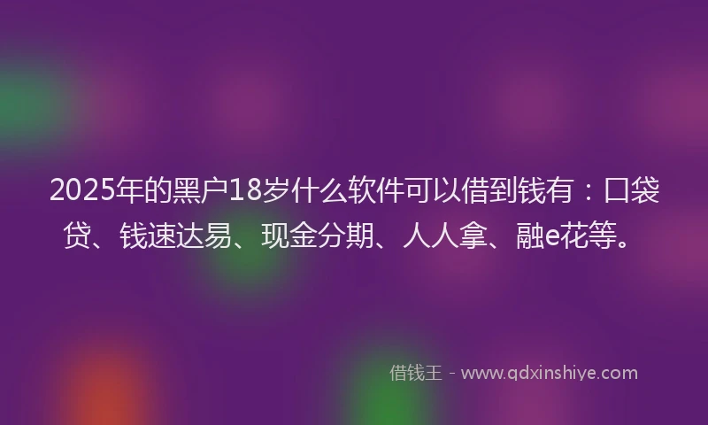 2025年的黑户18岁什么软件可以借到钱有：口袋贷、钱速达易、现金分期、人人拿、融e花等。