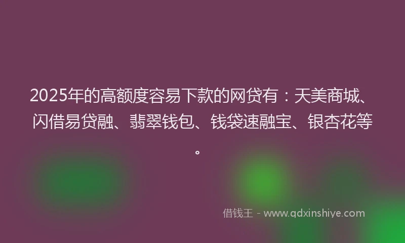 2025年的高额度容易下款的网贷有：天美商城、闪借易贷融、翡翠钱包、钱袋速融宝、银杏花等。