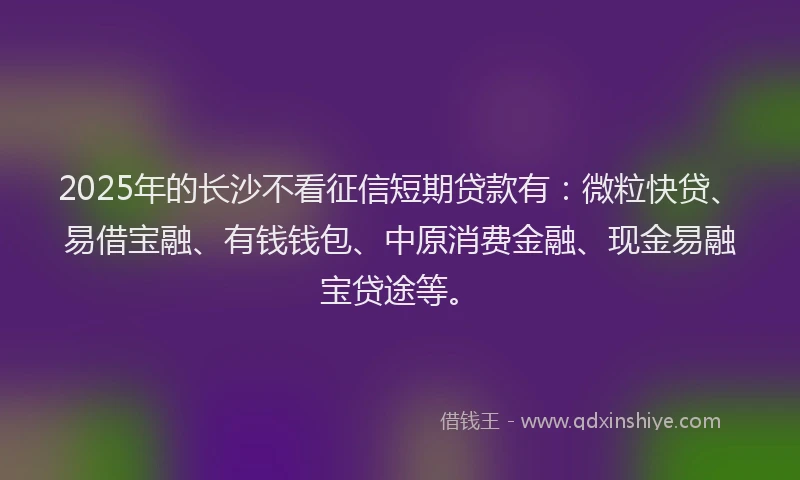 2025年的长沙不看征信短期贷款有：微粒快贷、易借宝融、有钱钱包、中原消费金融、现金易融宝贷途等。