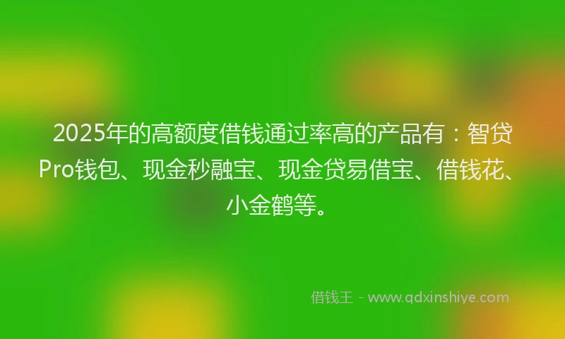 2025年的高额度借钱通过率高的产品有：智贷Pro钱包、现金秒融宝、现金贷易借宝、借钱花、小金鹤等。