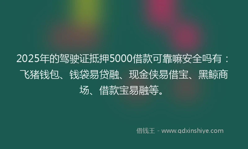 2025年的驾驶证抵押5000借款可靠嘛安全吗有：飞猪钱包、钱袋易贷融、现金侠易借宝、黑鲸商场、借款宝易融等。