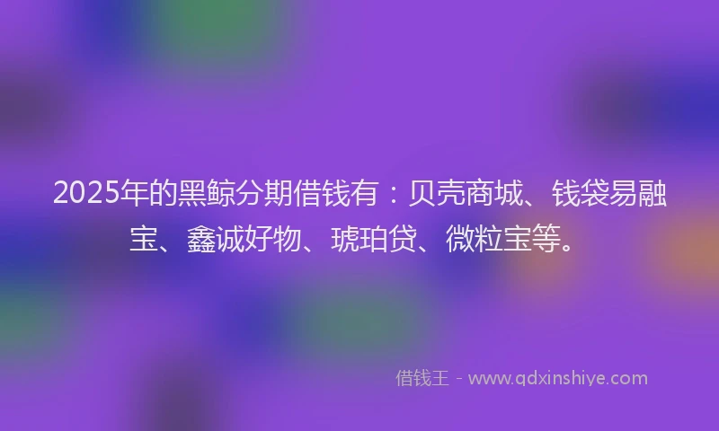 2025年的黑鲸分期借钱有：贝壳商城、钱袋易融宝、鑫诚好物、琥珀贷、微粒宝等。