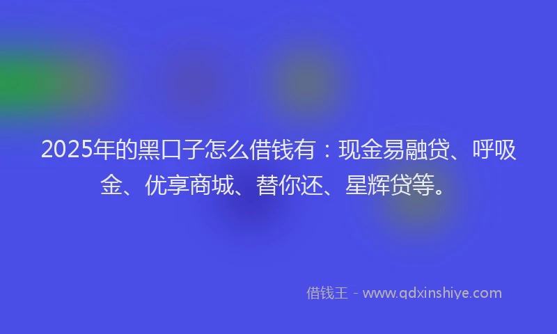 2025年的黑口子怎么借钱有：现金易融贷、呼吸金、优享商城、替你还、星辉贷等。