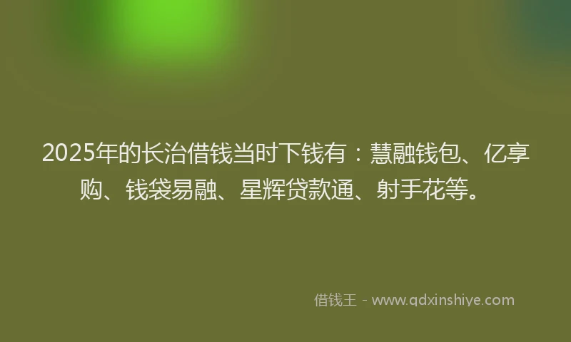 2025年的长治借钱当时下钱有：慧融钱包、亿享购、钱袋易融、星辉贷款通、射手花等。