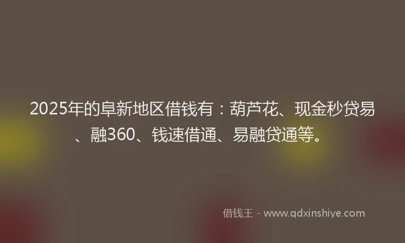 2025年的阜新地区借钱有：葫芦花、现金秒贷易、融360、钱速借通、易融贷通等。