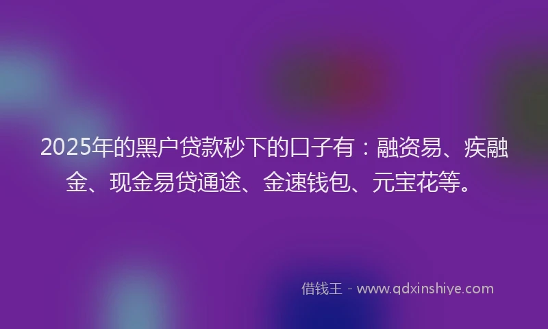 2025年的黑户贷款秒下的口子有：融资易、疾融金、现金易贷通途、金速钱包、元宝花等。