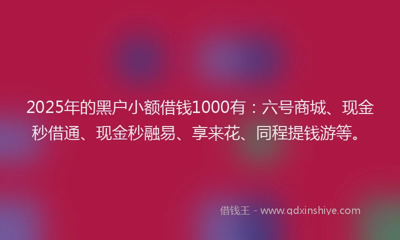 2025年的黑户小额借钱1000有：六号商城、现金秒借通、现金秒融易、享来花、同程提钱游等。