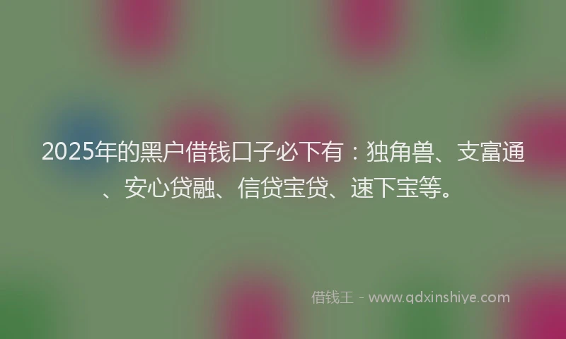 2025年的黑户借钱口子必下有：独角兽、支富通、安心贷融、信贷宝贷、速下宝等。