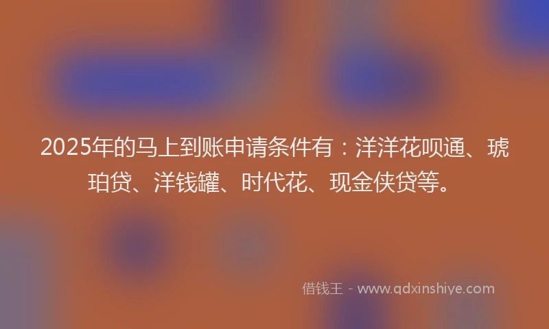 2025年的马上到账申请条件有：洋洋花呗通、琥珀贷、洋钱罐、时代花、现金侠贷等。