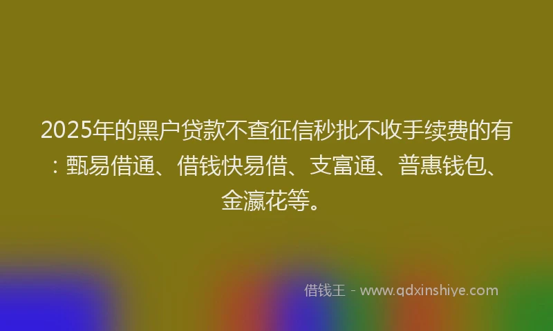 2025年的黑户贷款不查征信秒批不收手续费的有：甄易借通、借钱快易借、支富通、普惠钱包、金瀛花等。