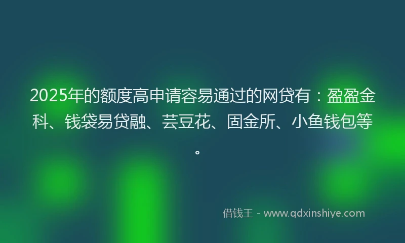 2025年的额度高申请容易通过的网贷有：盈盈金科、钱袋易贷融、芸豆花、固金所、小鱼钱包等。